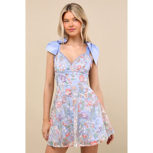 Lulus Astara Periwinkle Floral Embroidered Tie-strap Mini Dress Blue - Size M